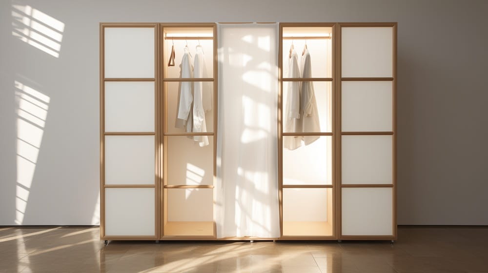 Simple small standing wardrobe with wooden white doors
