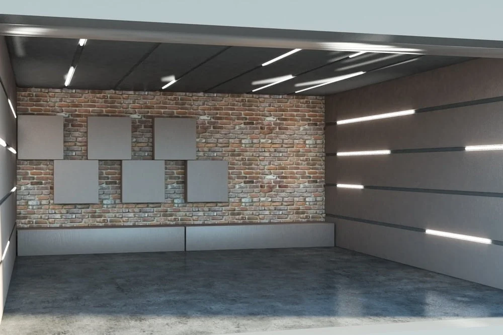Modern garage design with black flooring and walls