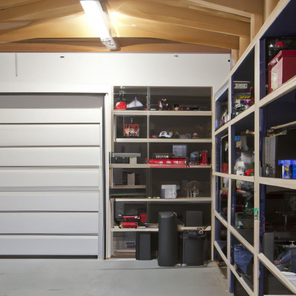 Garage interior with storage shelves