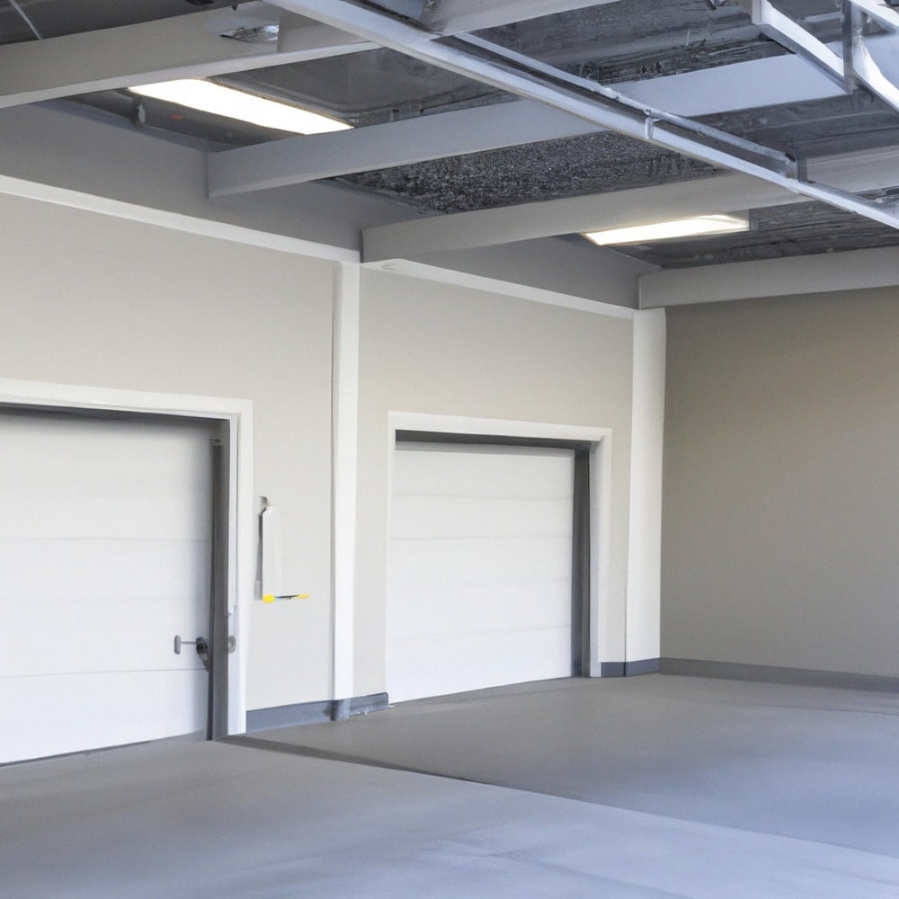 Empty garage with white wall that has two closed garage doors
