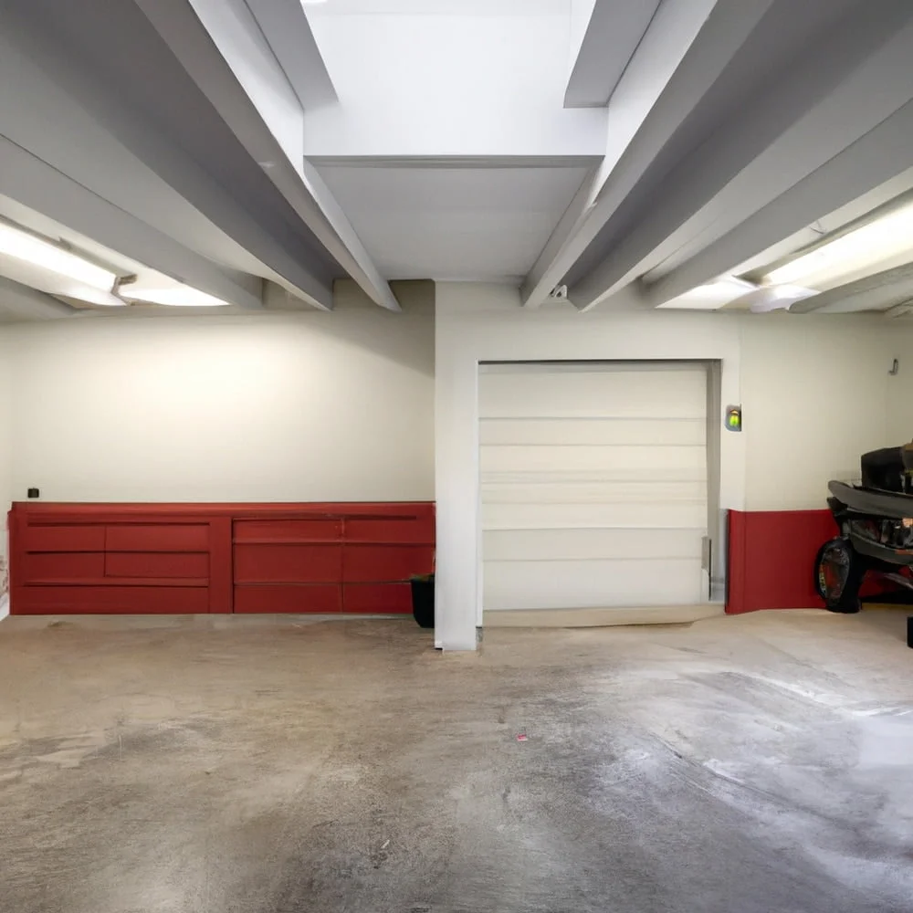 Empty garage interior with red and white walls
