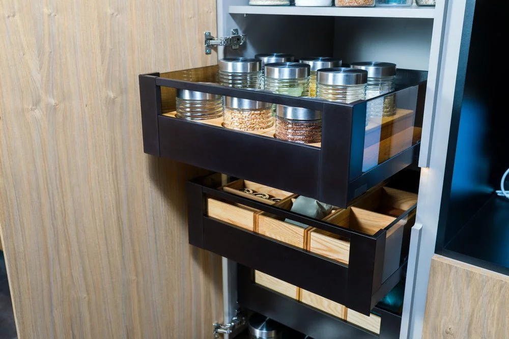 Black and glass pantry drawers