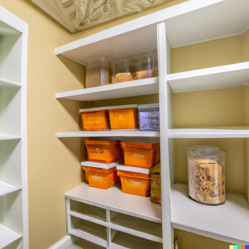 A pantry room with small shelves bins for storage with dry foods