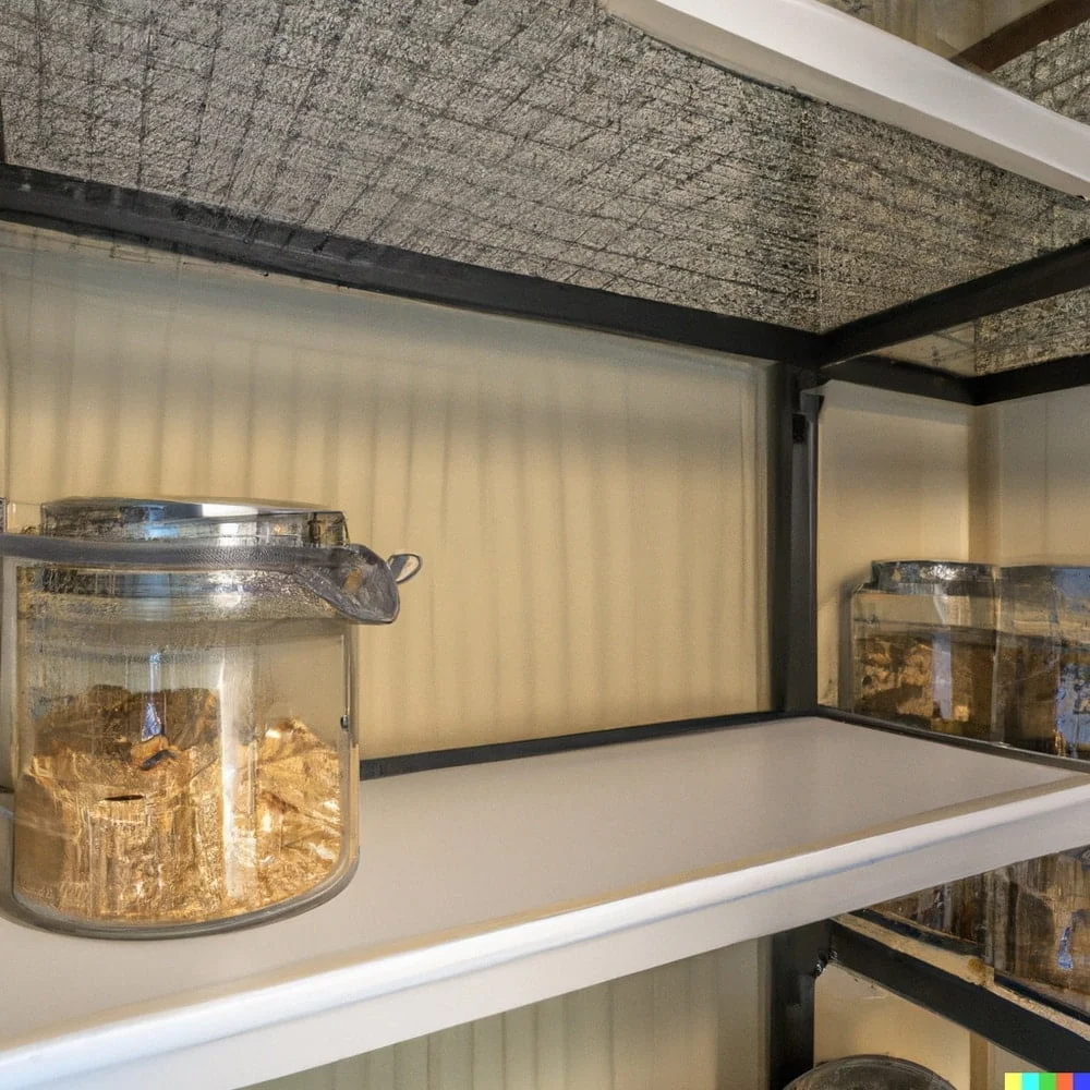 A pantry shelf with a jar with dry foods