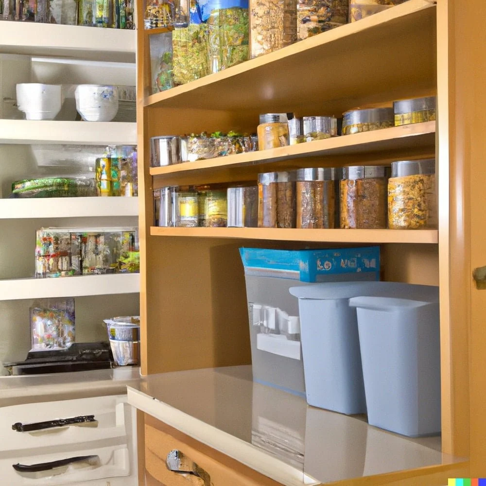 A pantry with sliding storage shelves and pull-out baskets
