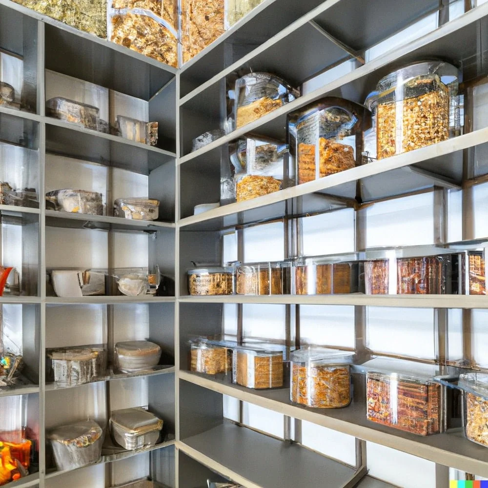 A pantry with grey shelves storage jars with dry foods, bins, foods