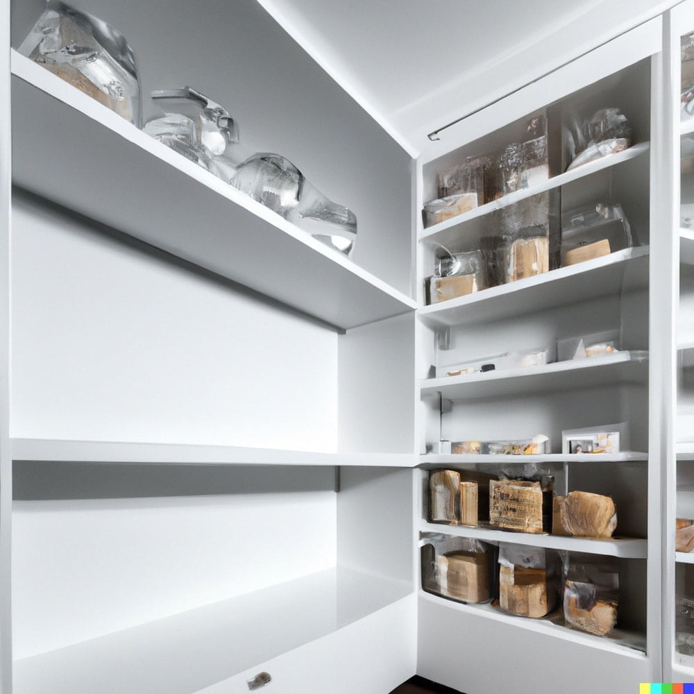 A white pantry with empty shelves and mesh bins for storage