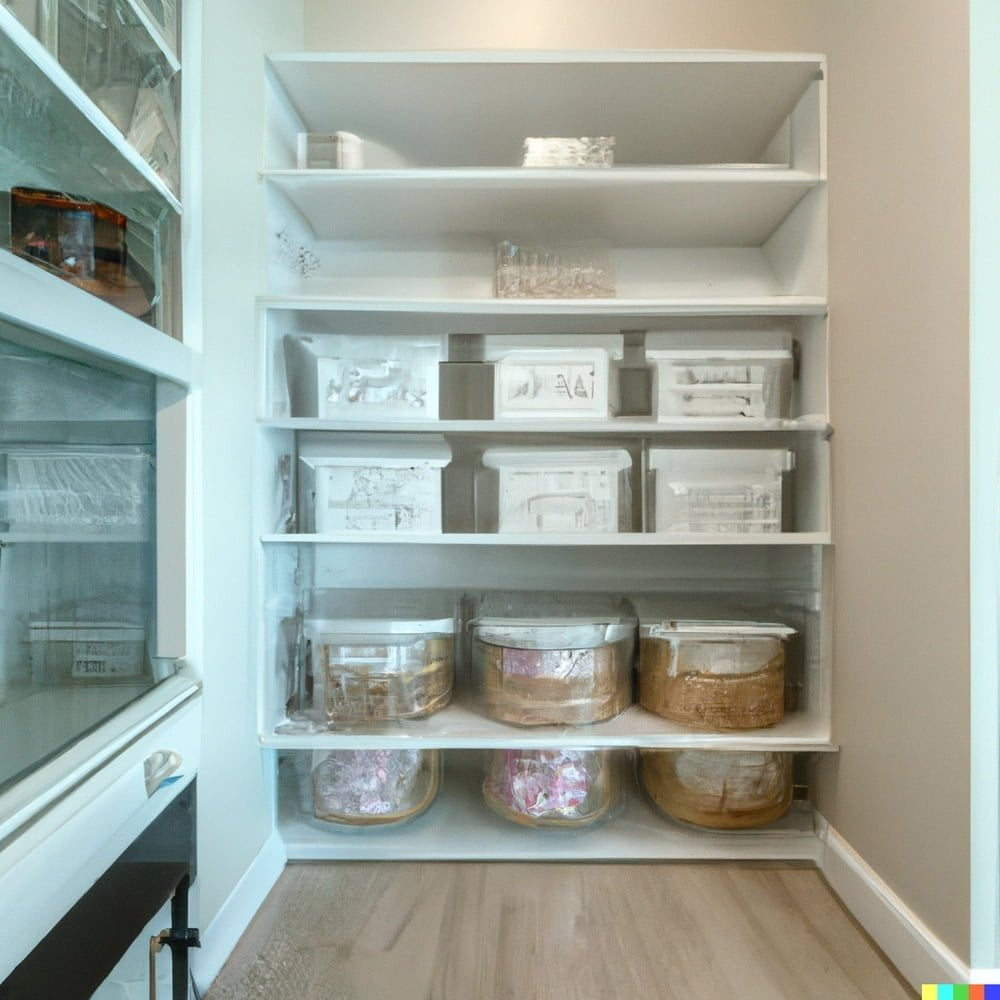 A white pantry with shelves and bins for storage with dry food