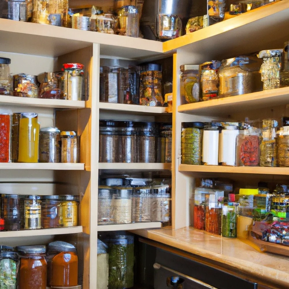 Wooden walk-in pantry with shelves full of jars