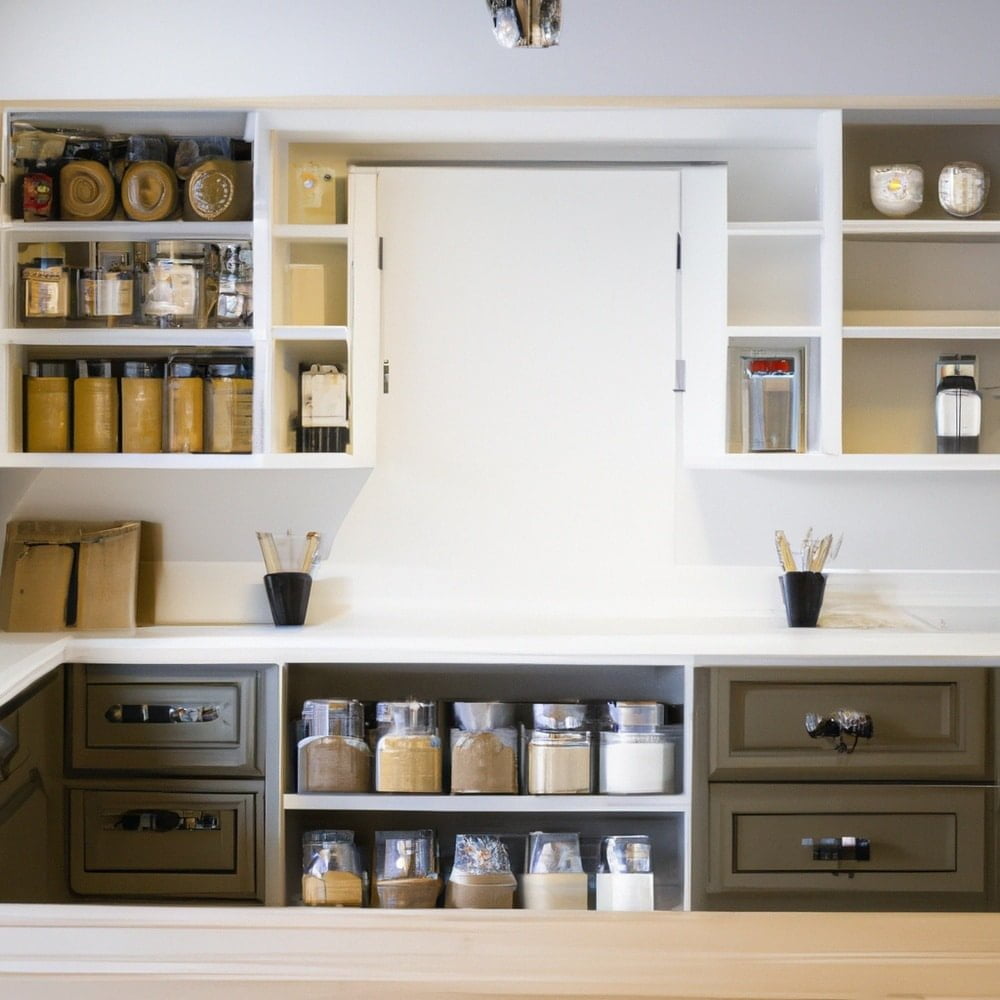 Wall mounted pantry cabinets above a kitchen counter