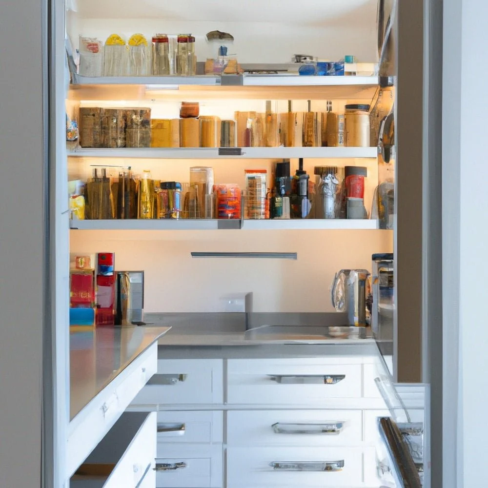 Reach in pantry type in a kitchen with white drawers