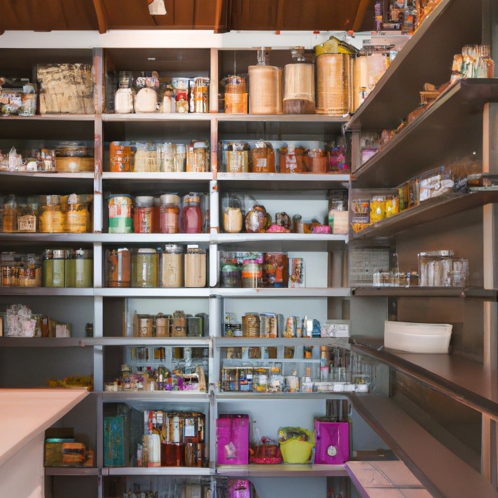 Kitchen pantry with a lot of shelves full of food in jars