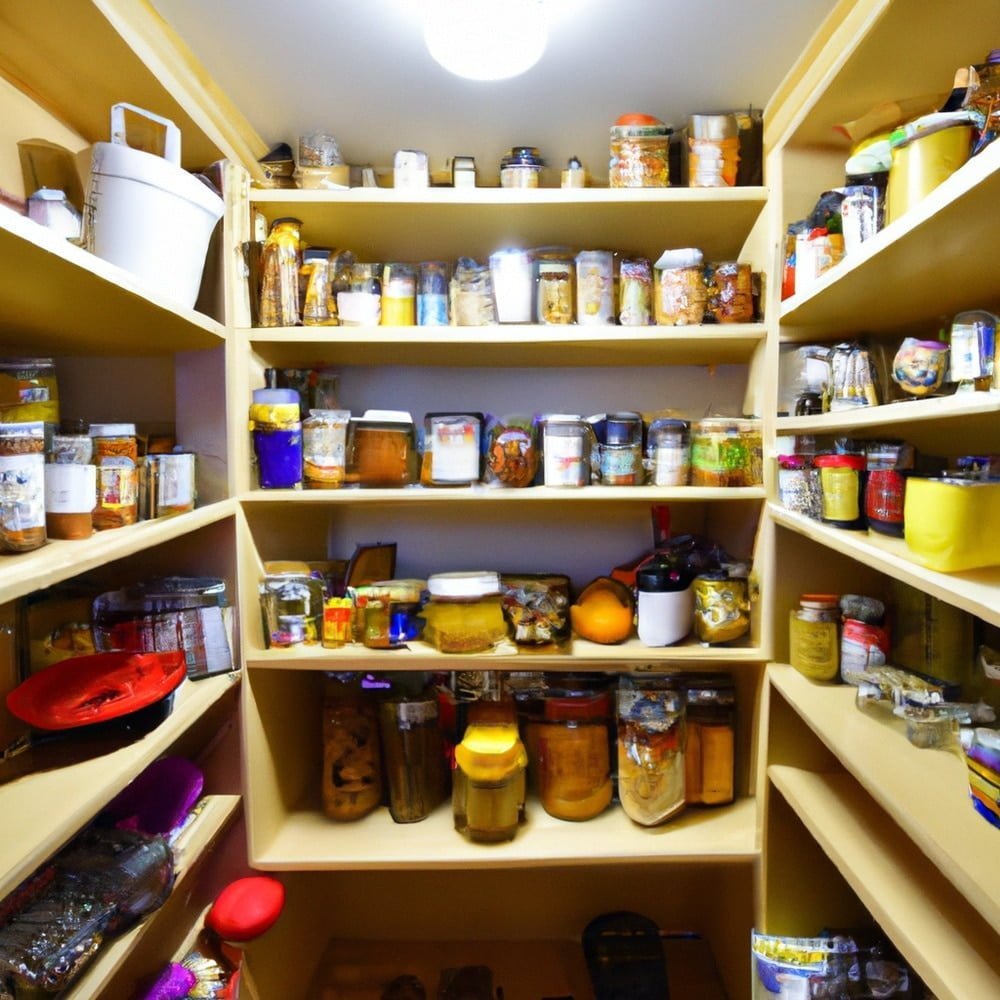 Illuminated walk in pantry contains canned food in 3 large shelves