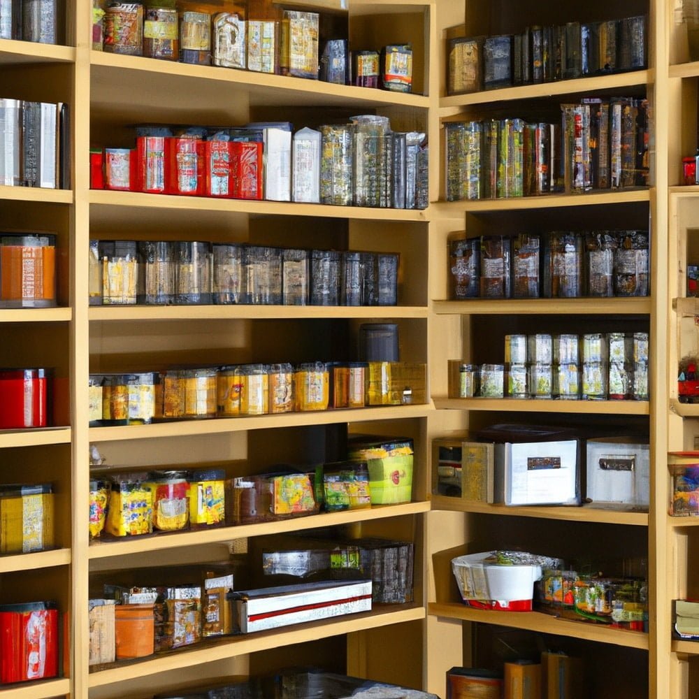 Wooden walk in pantry contains canned and preserved food