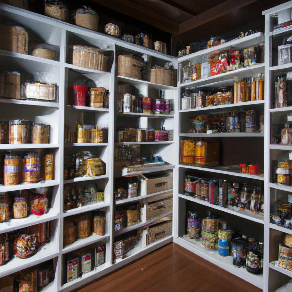 Blue colored walk in pantry contains canned food
