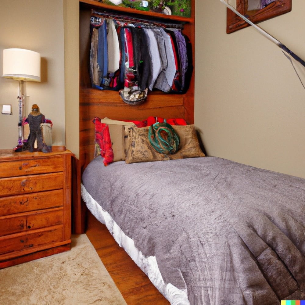 A bed in a small room with old wooden drawers cabinets and shelves