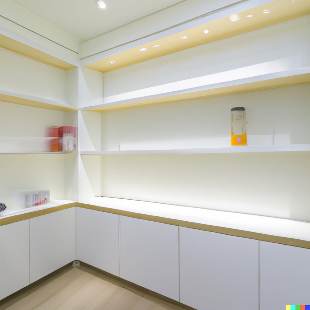 White open wall shelves above handless cabinets
