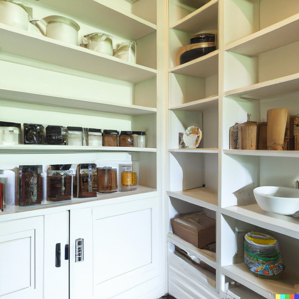 White cabinets and shelves containing food jars and kitchen utensils