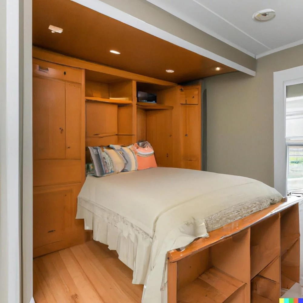 Light wooden murphy bed closet and folded out murphy bed in a room