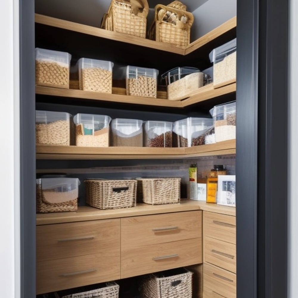 Wooden drawers in a pantry with open shelves