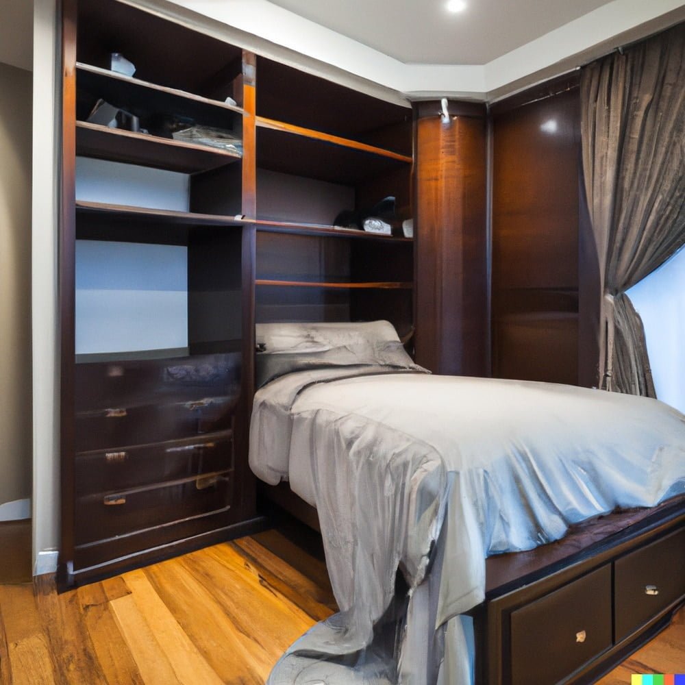 a murphy bed in a room with dark wooden wall cabinets with open shelves