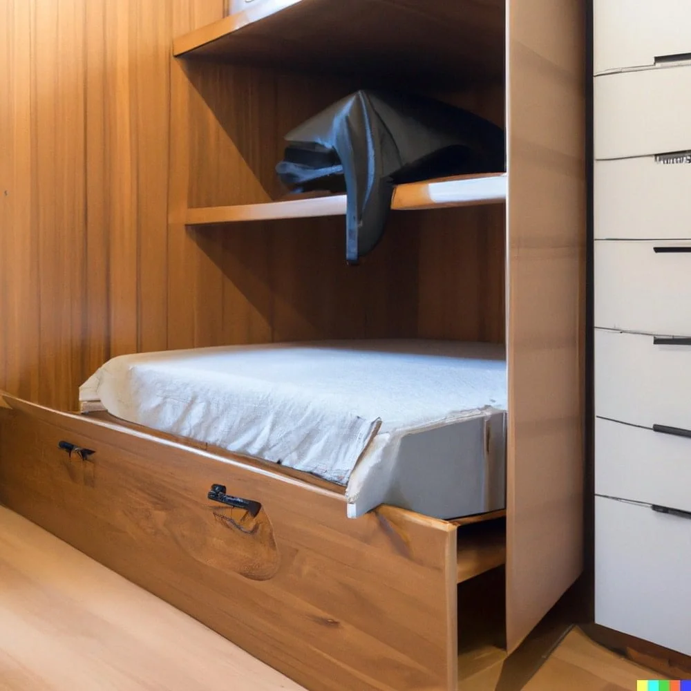 Murphy bed with light blue sheet folding out of its wooden cabinet