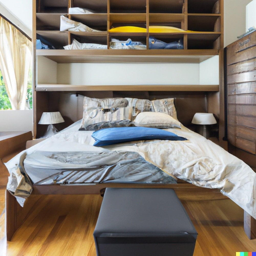 Murphy bed in bedroom with high wall shelves and black ottoman