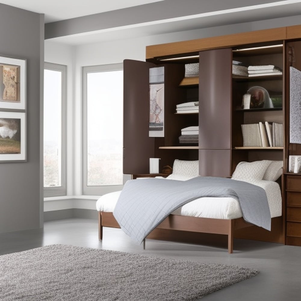 Murphy bed with its closet in a room with grey rug and two windows