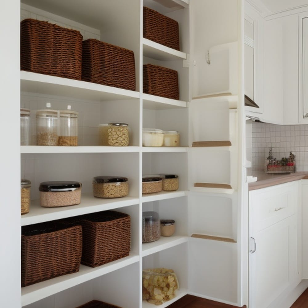 White shelves and wooden counter in butlers pantry