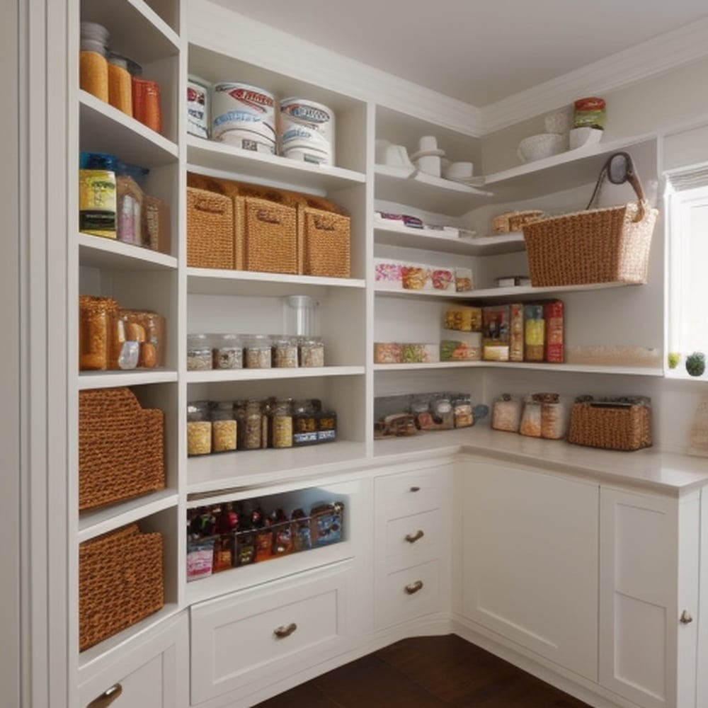 White scullery with lots of open shelves filled with kitchen utensils and jars