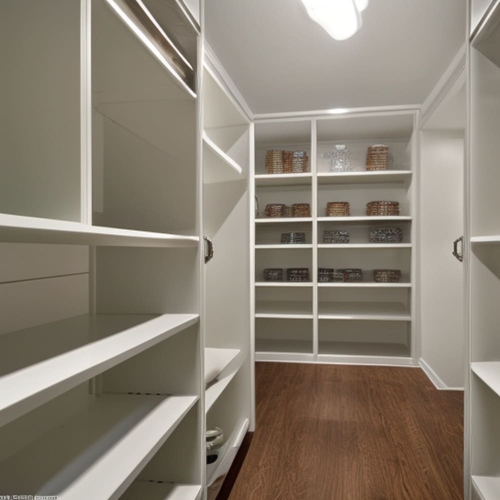 Empty butlers pantry with white shelves and dark wooden floor