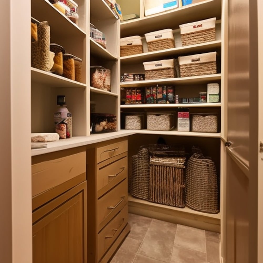 Wooden floor small butlers pantry with white counter and shelves full of storage units