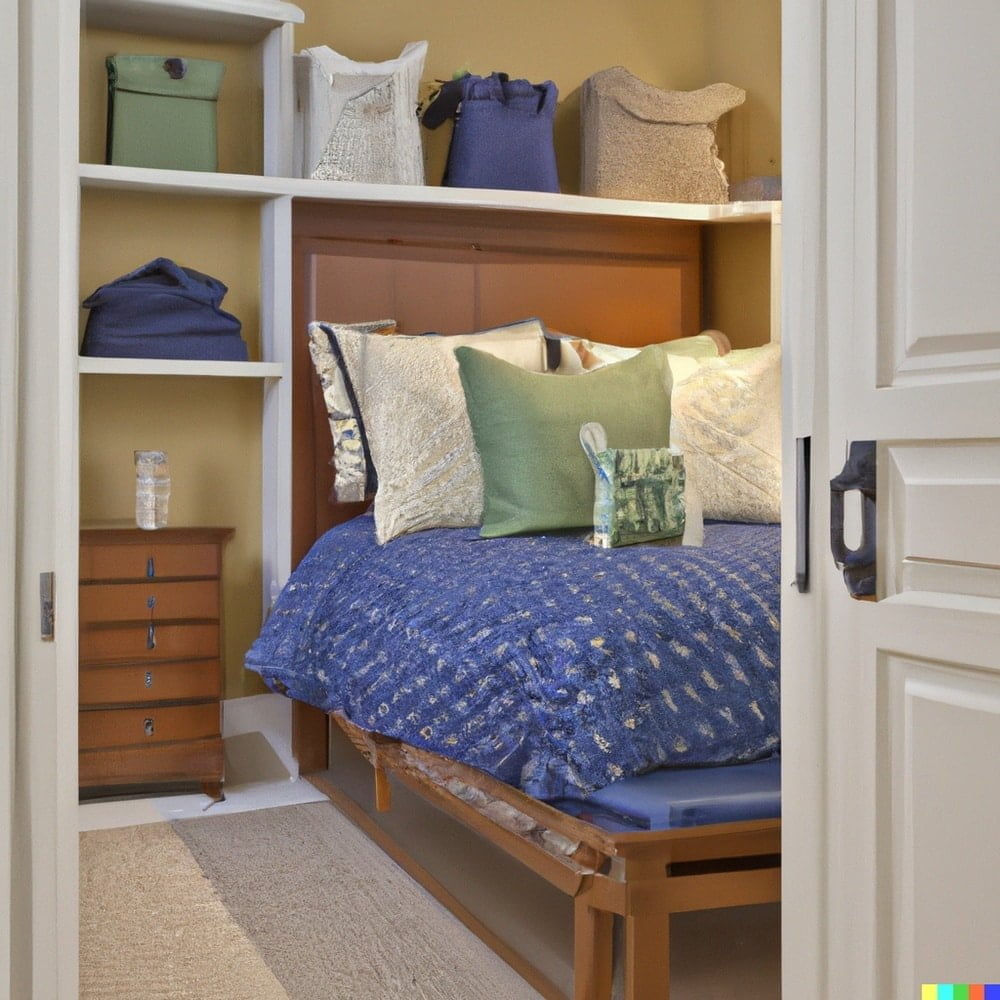 A murphy bed inside of a room that has wall storage and full of storage units
