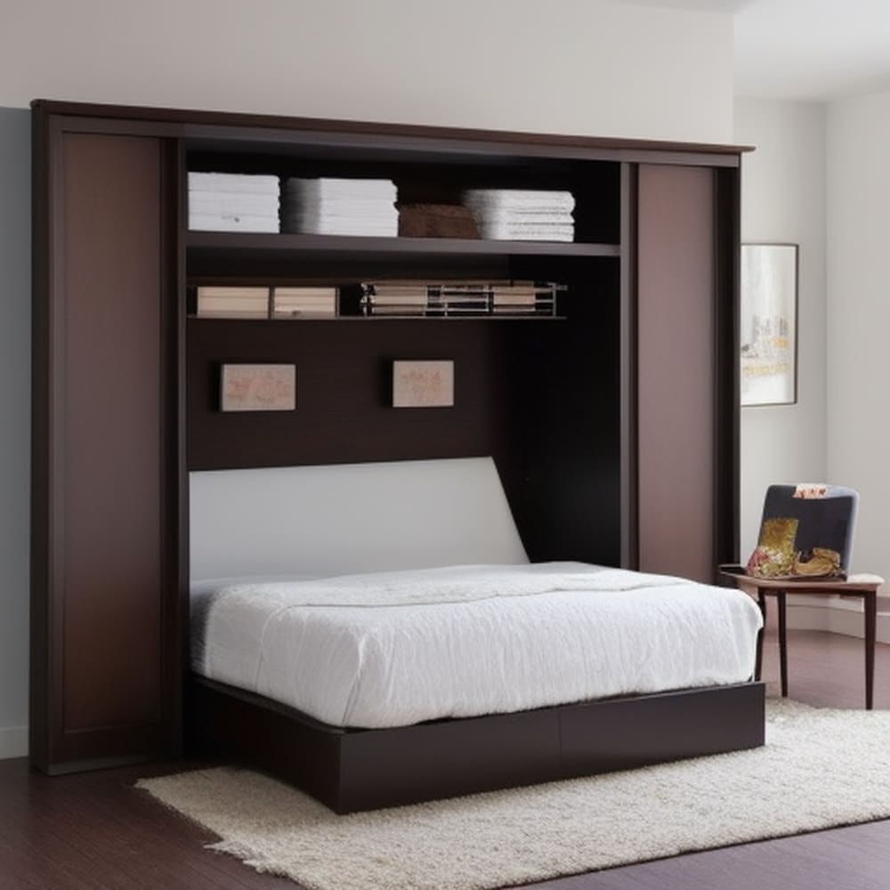 Folded out murphy bed between dark long cabinets and shelves above it