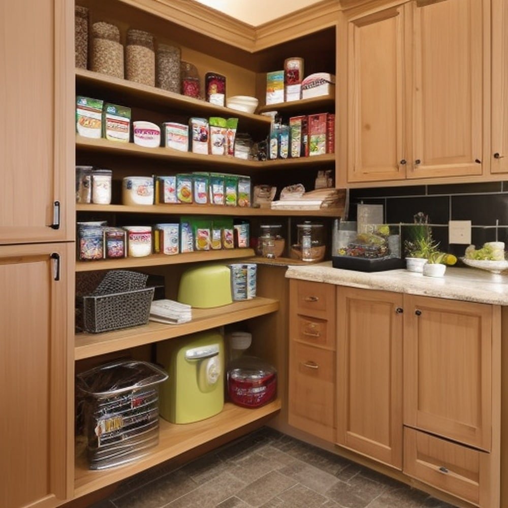 Wooden scullery with open shelves and cabinets