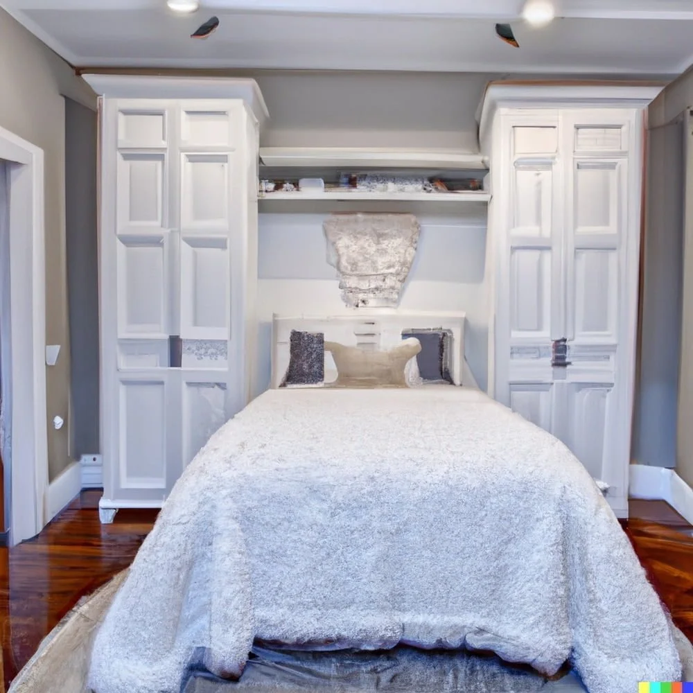 A bed with white sheets between two identical white cabinets