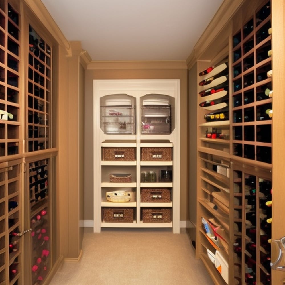 Luxurious large walk in pantry with wooden wine racks and open shelves