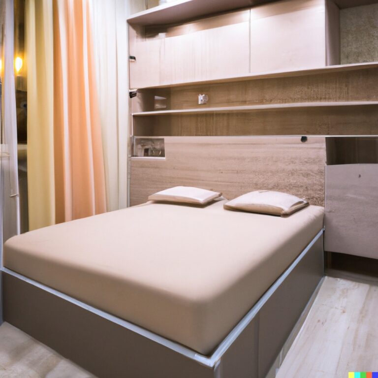 A bedroom with light brown bed next to wall cabinets and shelves
