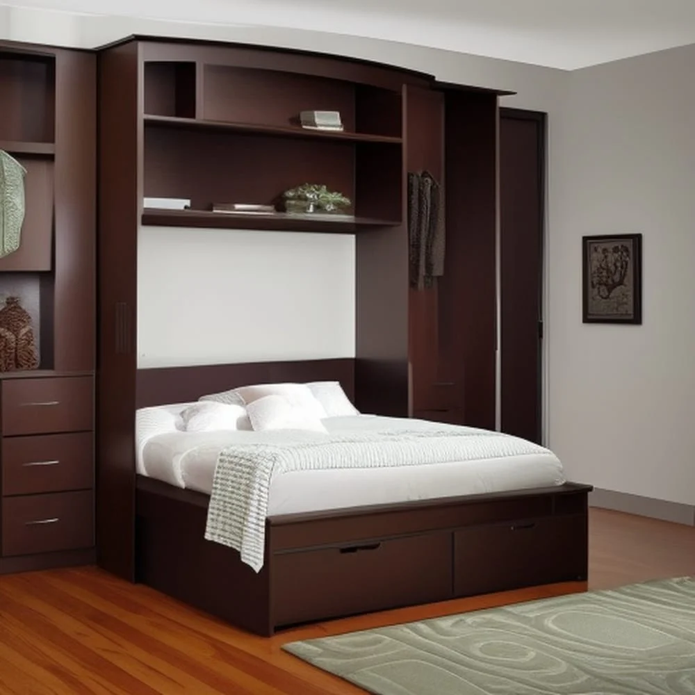 The Ultimate Murphy Bed Size Guide: How to Choose the Perfect Fit for Your Space 11 Murphy bed folded out from dark wooden closet and shelves