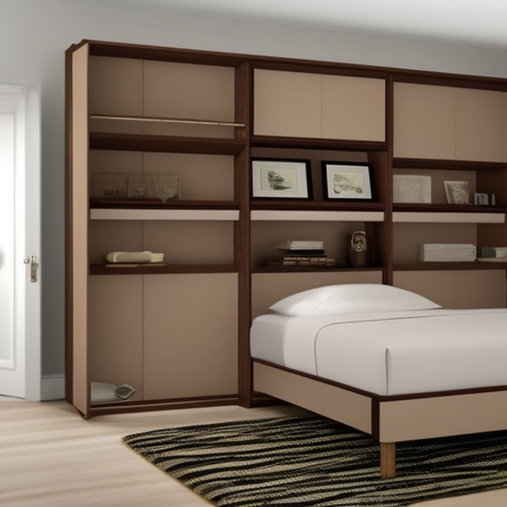 Large modern wooden cabinet with folded out white sheet murphy bed