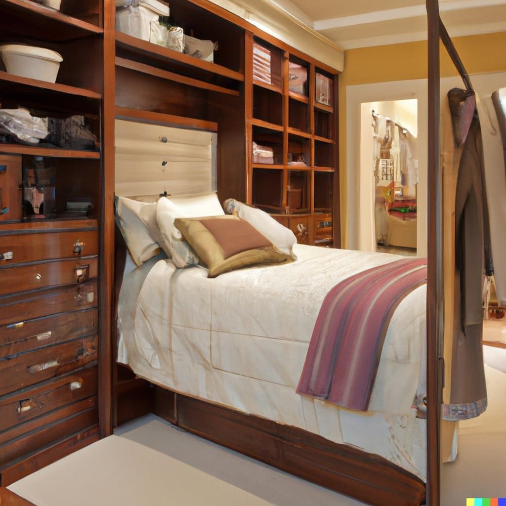 Murphy bed in a room with dark wooden wall cabinets with open shelves