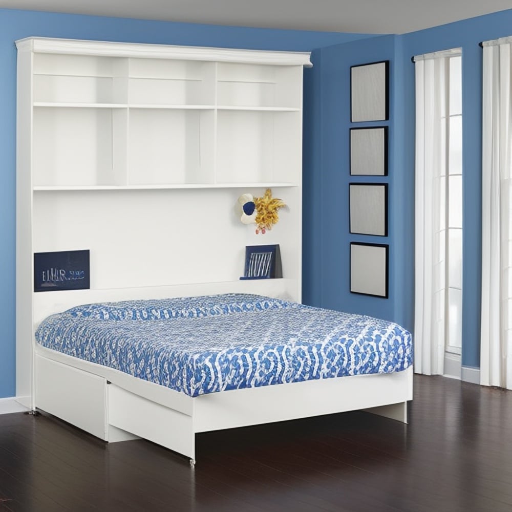 Folded out blue sheet murphy bed with white cabinet open shelves in a room