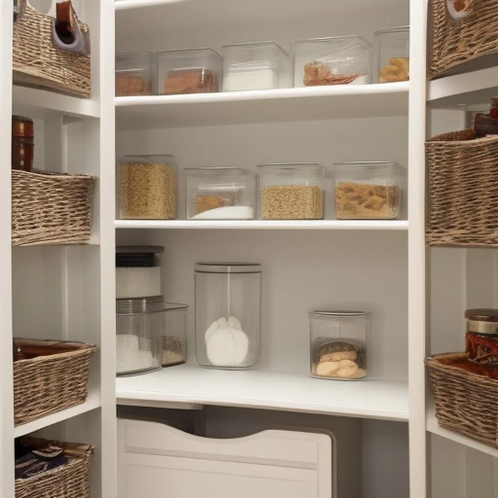 Open shelves in white pantry with food jars and storage bins