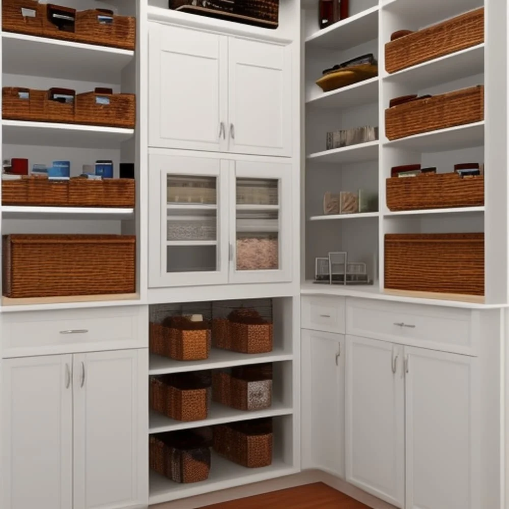 Corner of a white walk in pantry with shelves and cabinets