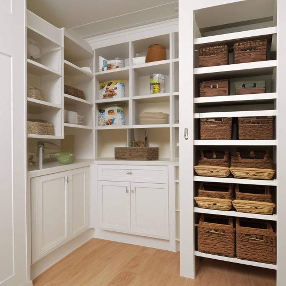 Walk-in pantry with shelves containing brown bins and food jars