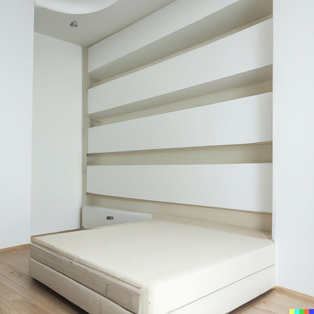 White folded murphy bed in front of a wall cabinet