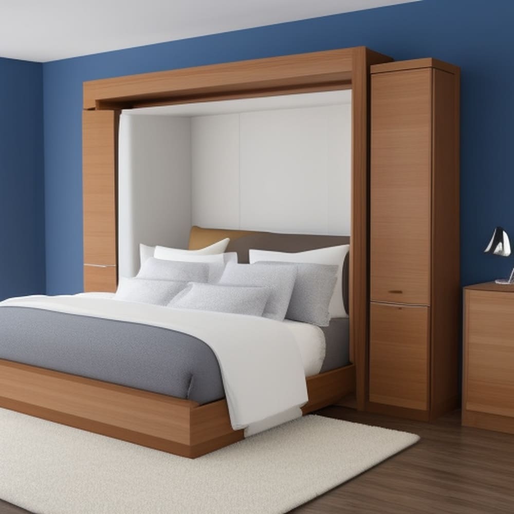 Open murphy bed with built in brown white closet in wooden floor room