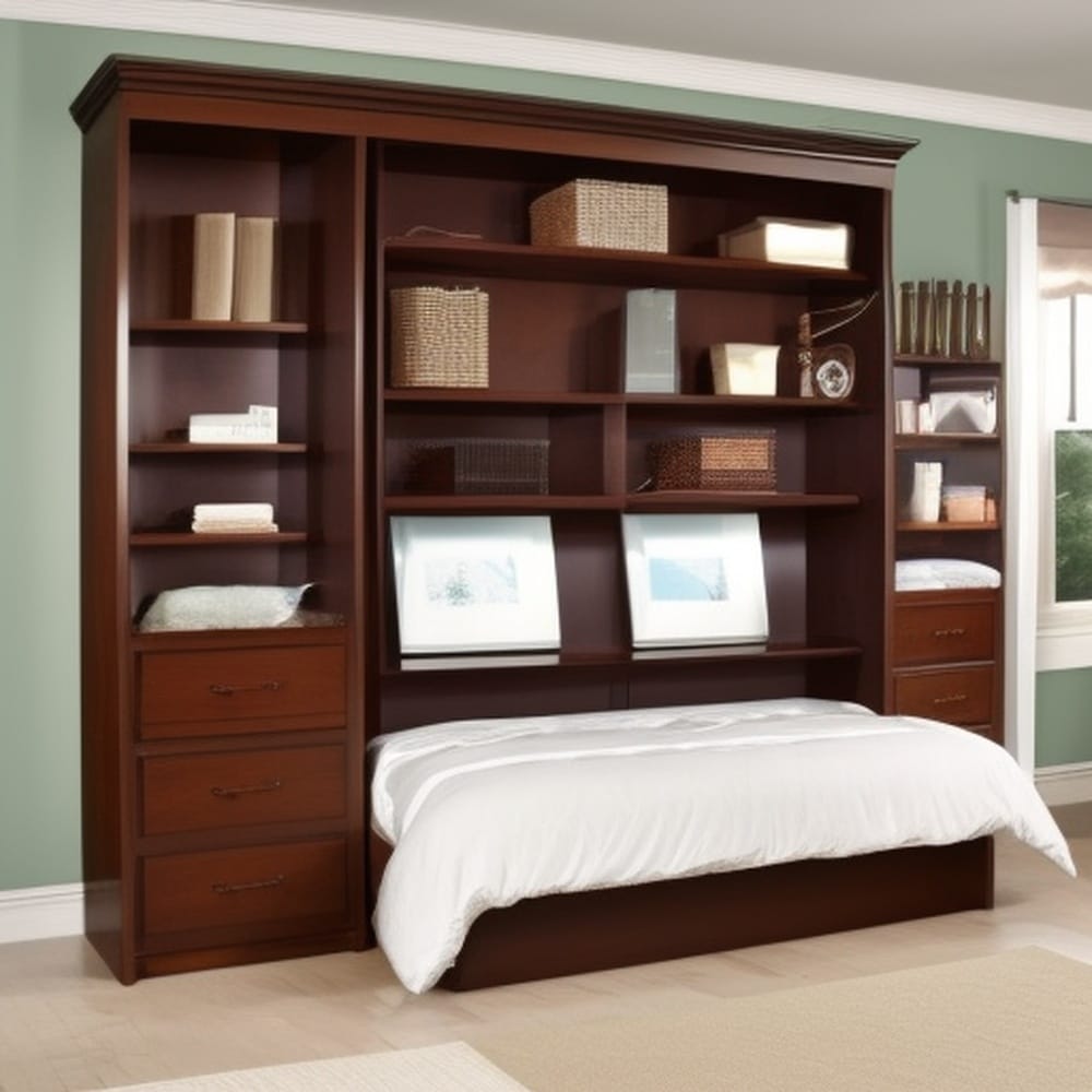 Black wooden cabinet and shelves with murphy bed folded out