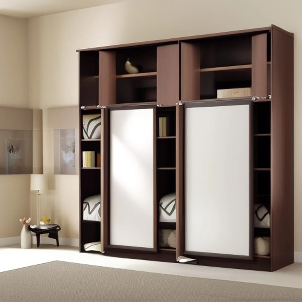 The Ultimate Murphy Bed Size Guide: How to Choose the Perfect Fit for Your Space 9 Double murphy bed folded in to its wooden closet with shelves