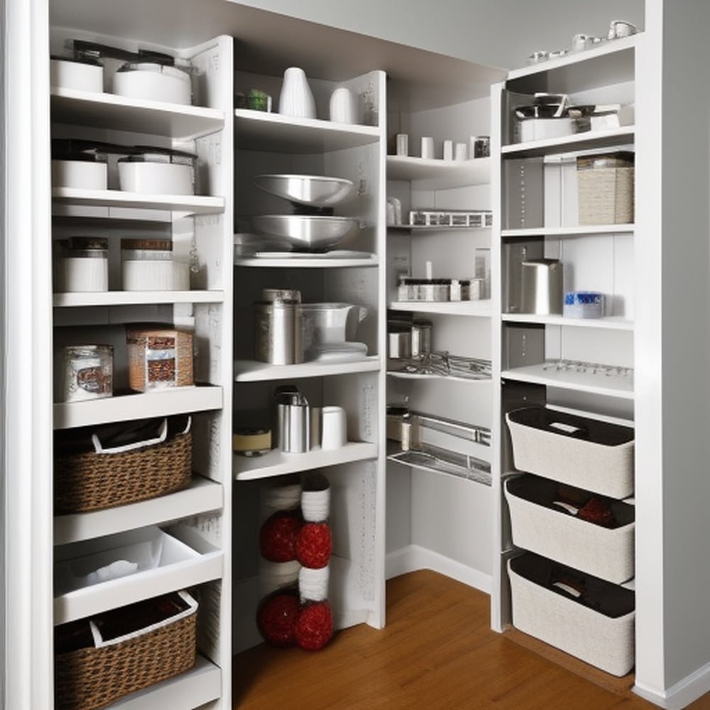 White walk in pantry with shelves has kitchen utensils and food jars